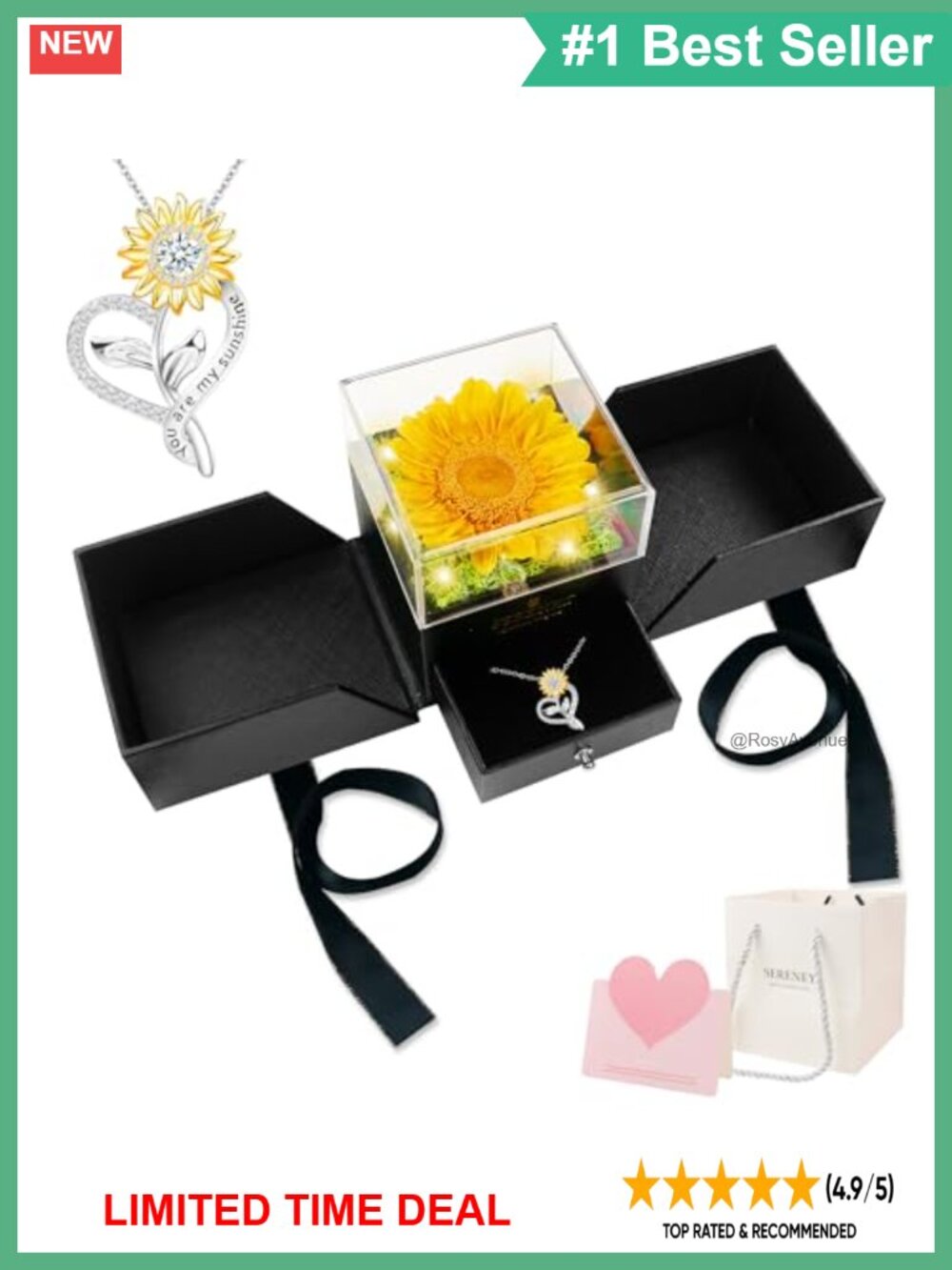 Sereney Preserved Sunflower Necklace Gift Box LED Light You Are My Sunshine